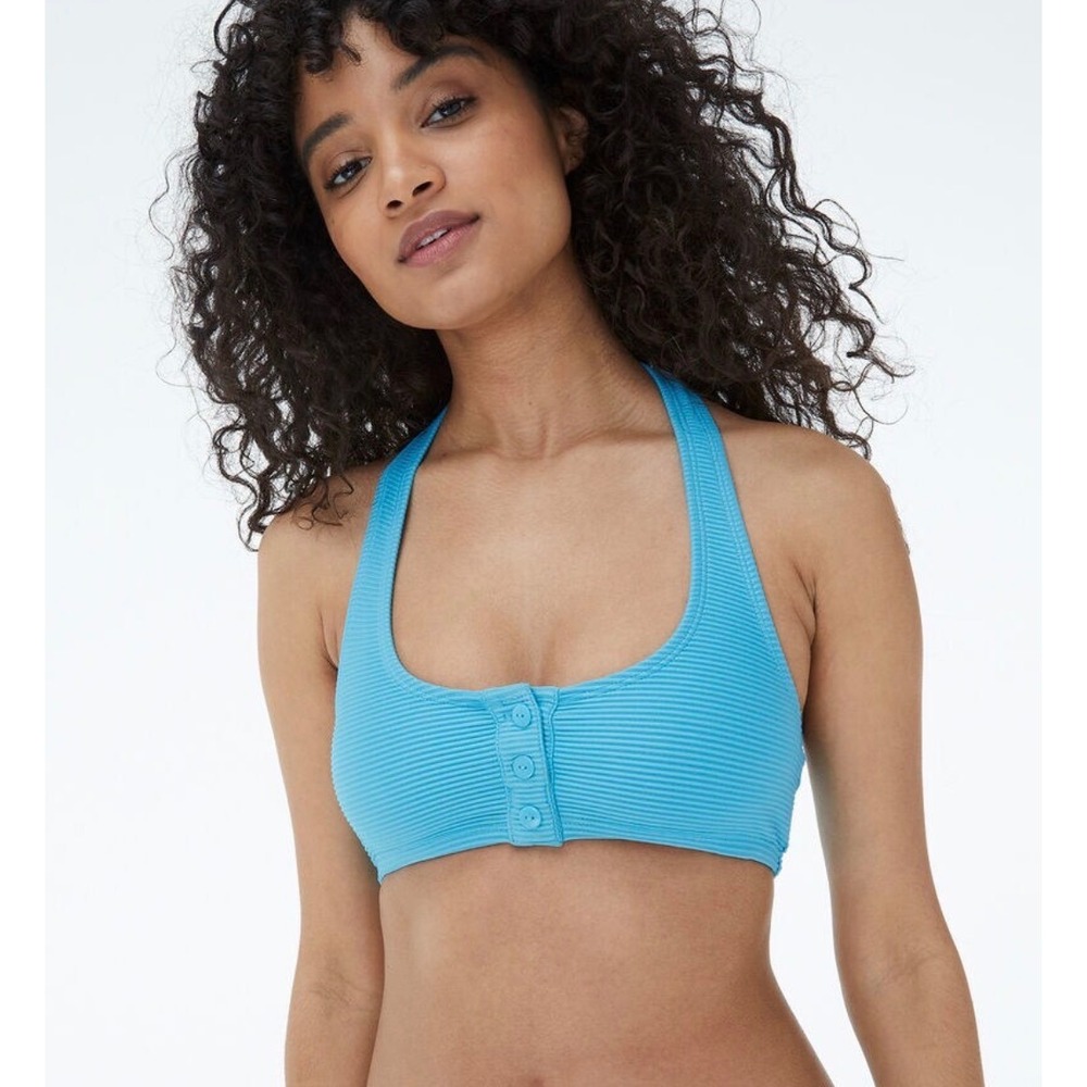 Aeropostale Ribbed Halter Bikini Top Womens Large Blue Excellent Button Front